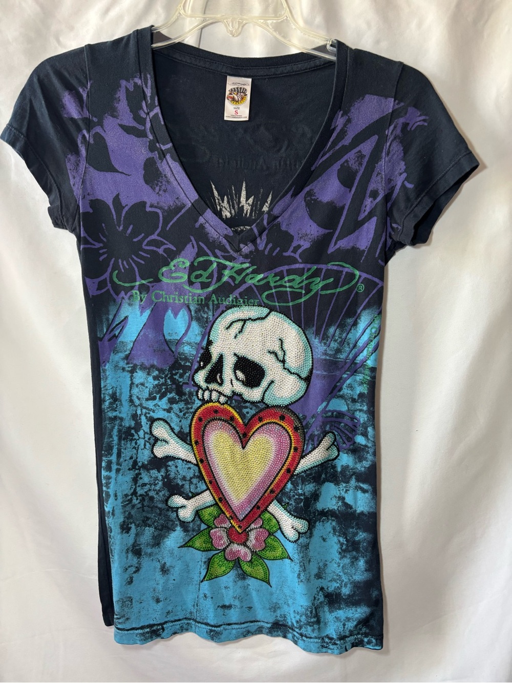 Vintage Ed Hardy x Christian Audigier Rhinestone Skull Heart Tiger Tee Y2K S